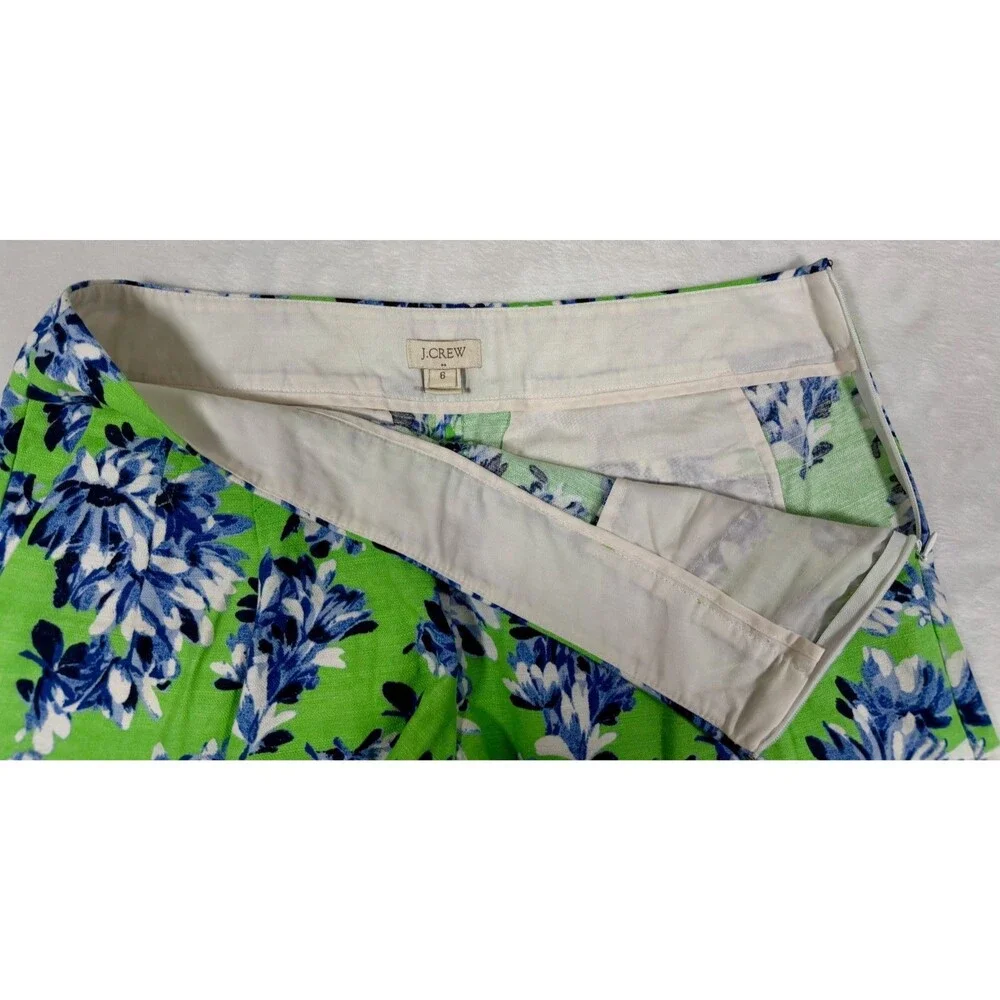 J.Crew Womens Shorts Sz 6 Linen Blend Green Blue Floral Print Pleated Front